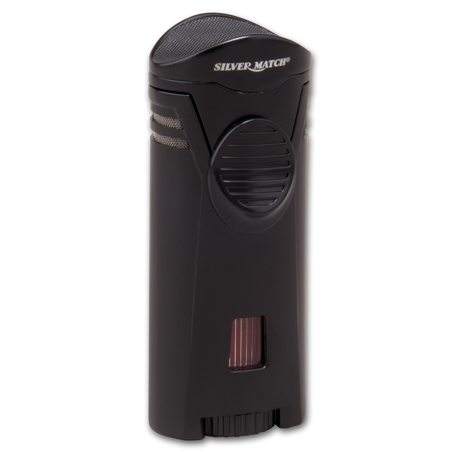 Cigarrenfeuerzeug Jet Silver Match Schwarz Tankanzeige, Cigarrenablage