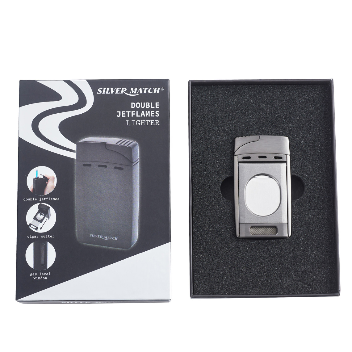 Cigarrenfeuerzeug Jet Silver Match Chrom Tankanzeige, Cutter