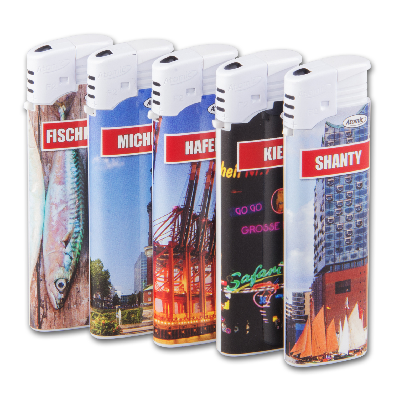 Einwegfeuerzeug Piezo Atomic Hamburg 5 Designs Steller Mit 50 Stück